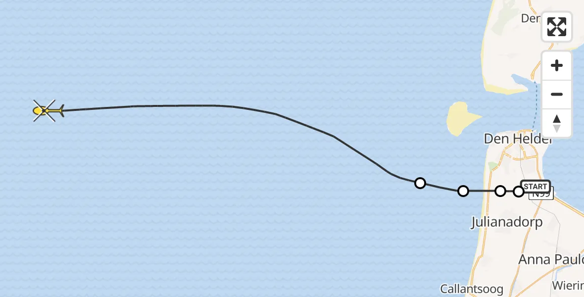 Routekaart van de vlucht: Kustwachthelikopter naar Kortevliet