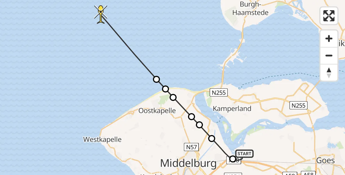 Routekaart van de vlucht: Kustwachthelikopter naar Rijksweg