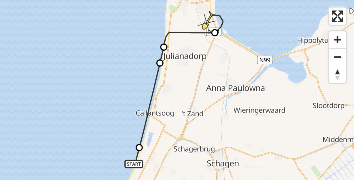 Routekaart van de vlucht: Kustwachthelikopter naar Vliegveld De Kooy, Westerduinweg