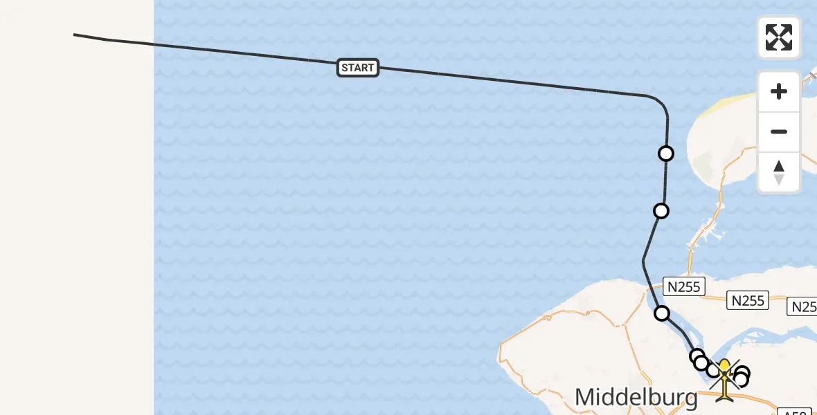 Routekaart van de vlucht: Kustwachthelikopter naar Vliegveld Midden-Zeeland, Calandweg