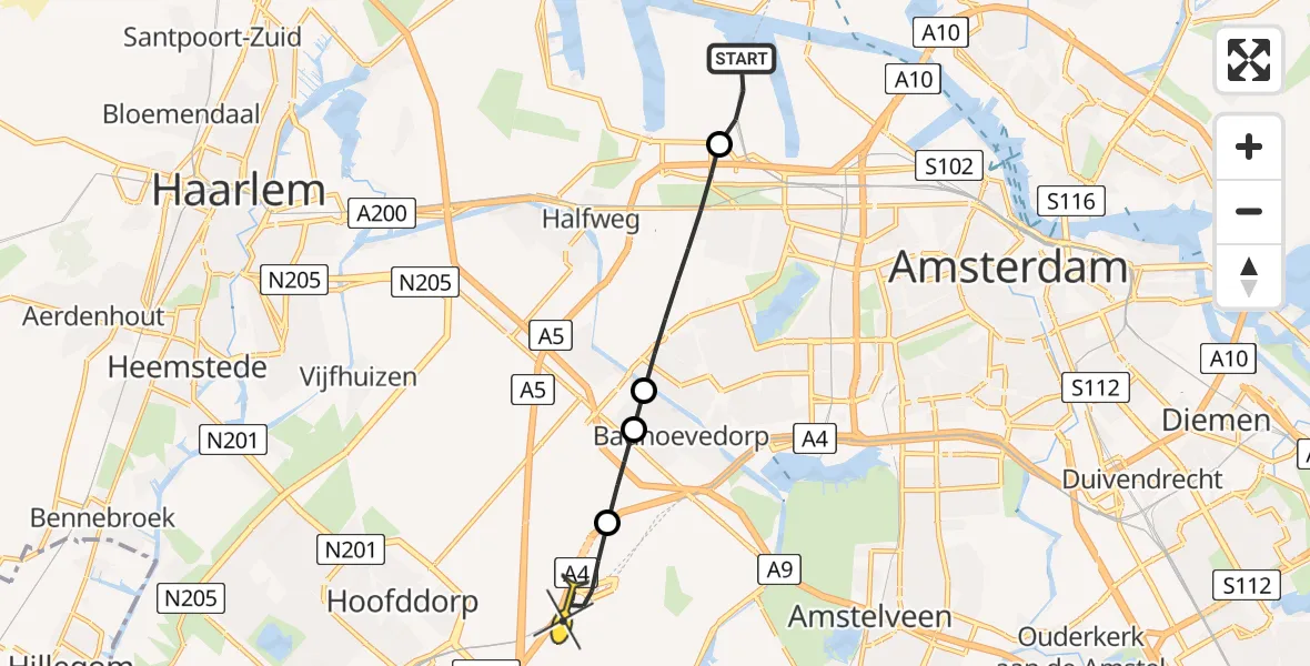 Routekaart van de vlucht: Lifeliner 1 naar Luchthaven Schiphol, Nieuw-Zeelandweg