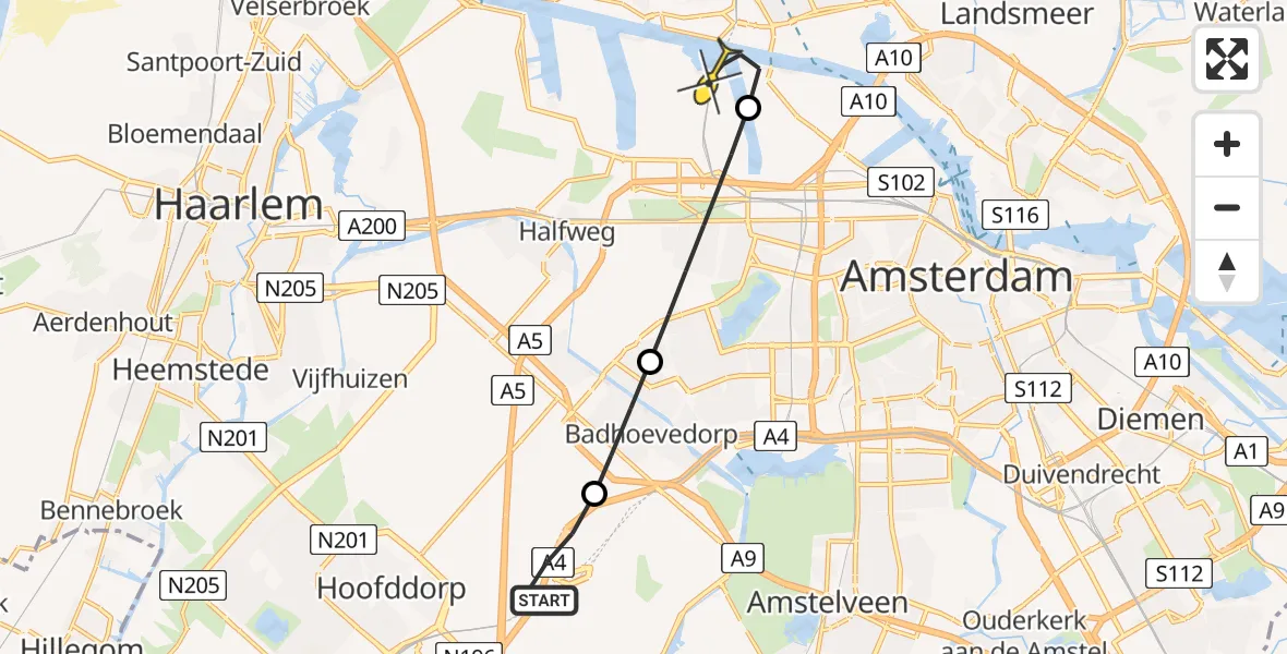 Routekaart van de vlucht: Lifeliner 1 naar Amsterdam Heliport, Rinse Hofstraweg