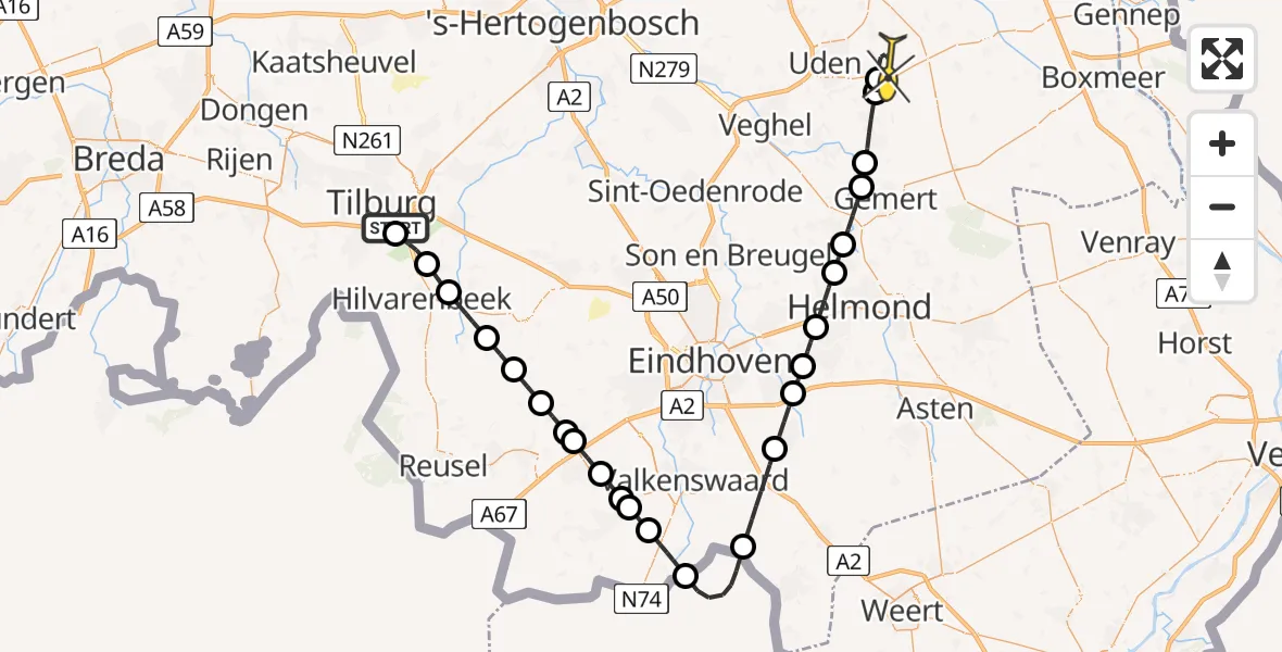 Routekaart van de vlucht: Lifeliner 3 naar Vliegbasis Volkel, Hilvarenbeekseweg