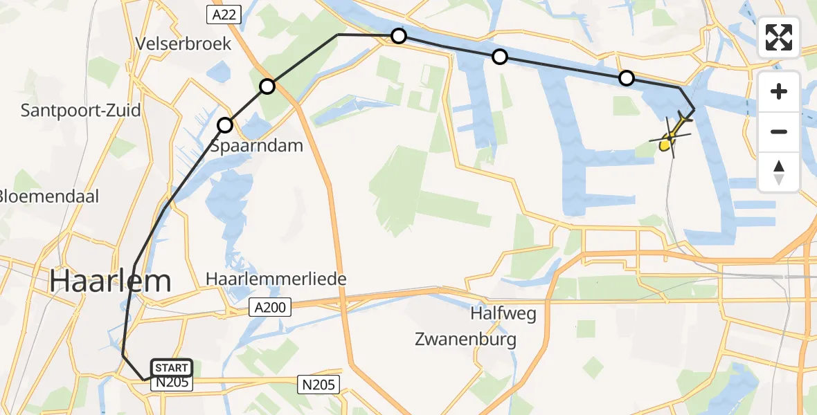 Routekaart van de vlucht: Lifeliner 1 naar Amsterdam Heliport, Zuider Buiten Spaarne