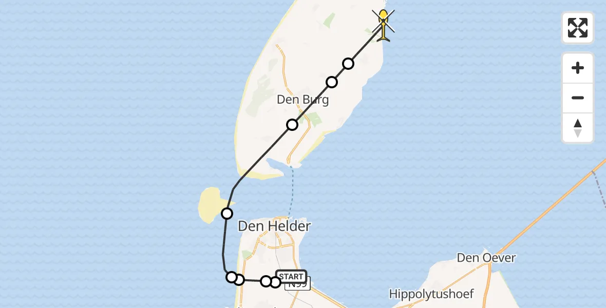 Routekaart van de vlucht: Kustwachthelikopter naar Oosterend, Kortevliet