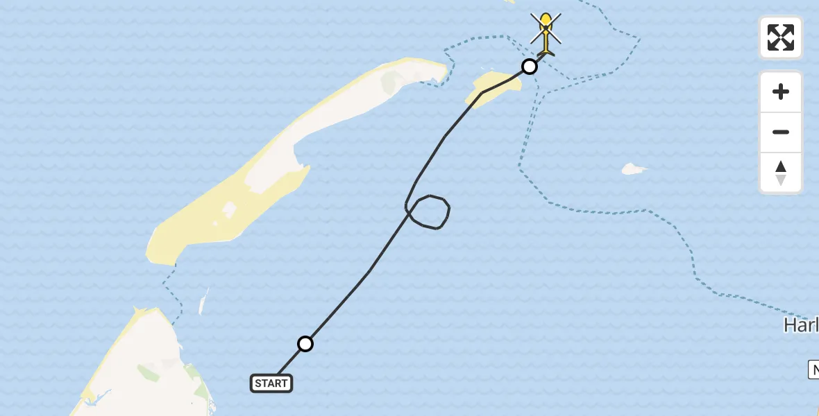 Routekaart van de vlucht: Kustwachthelikopter naar West-Terschelling