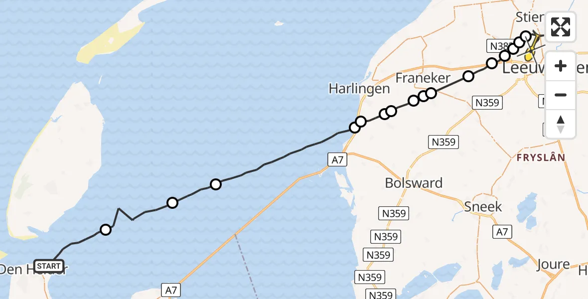 Routekaart van de vlucht: Ambulancehelikopter naar Vliegbasis Leeuwarden, Keegsdijkje