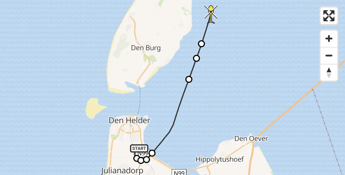 Routekaart van de vlucht: Kustwachthelikopter naar Oosterend, Luchthavenweg