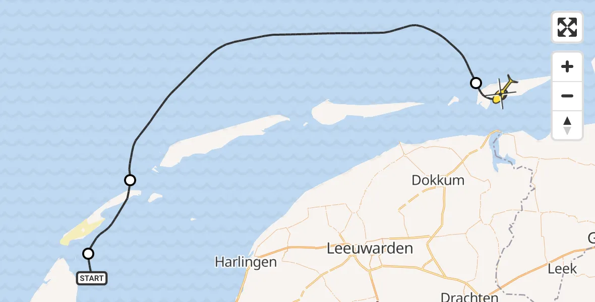 Routekaart van de vlucht: Kustwachthelikopter naar Schiermonnikoog, Ballastplaat