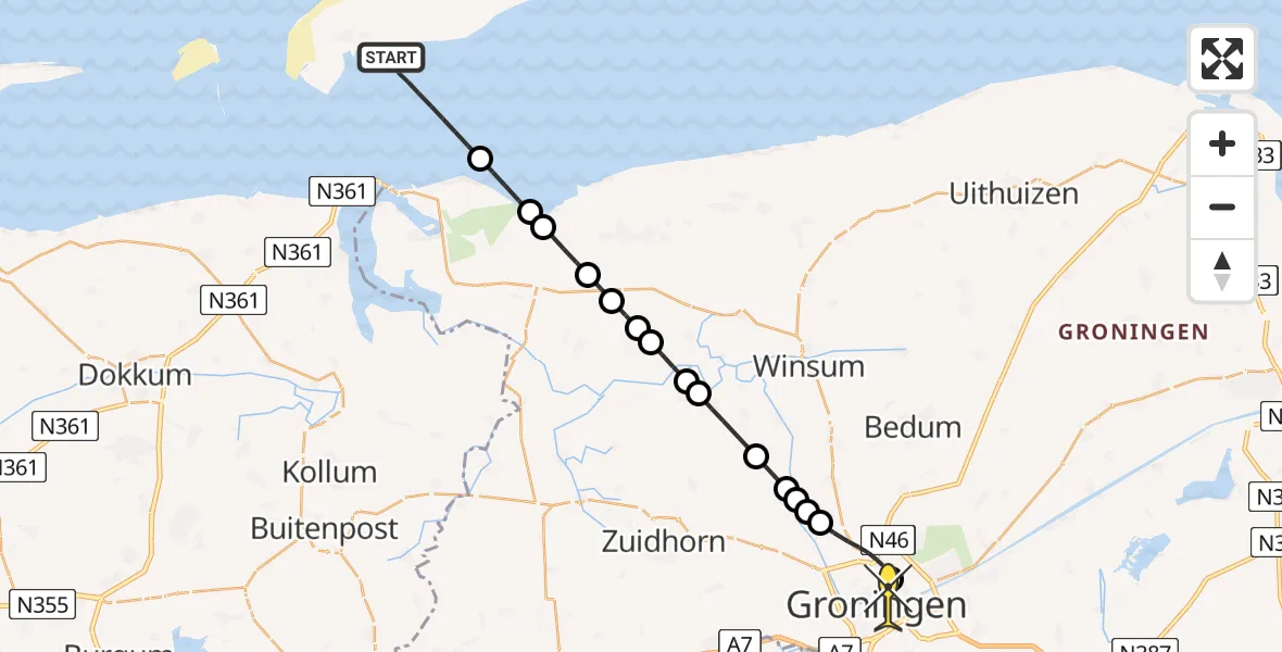 Routekaart van de vlucht: Kustwachthelikopter naar Universitair Medisch Centrum Groningen, Poortweg