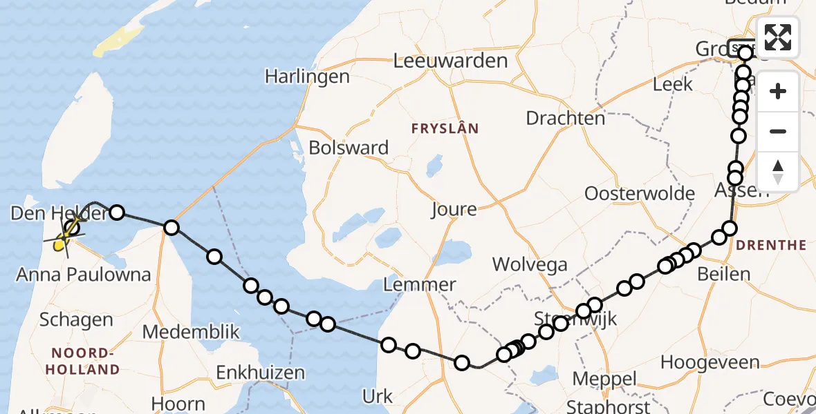 Routekaart van de vlucht: Kustwachthelikopter naar Vliegveld De Kooy, Onderdoor