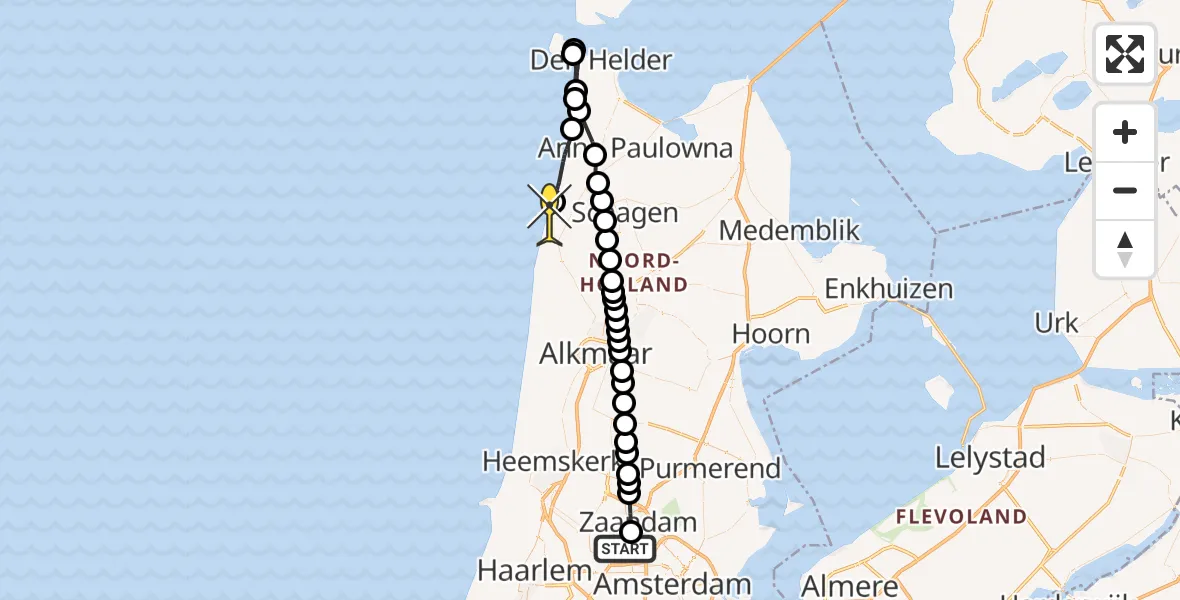 Routekaart van de vlucht: Lifeliner 1 naar Petten, Elbaweg