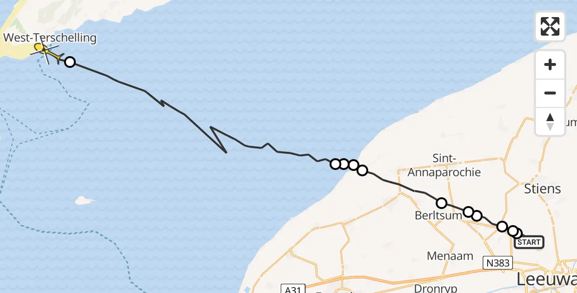 Routekaart van de vlucht: Ambulanceheli naar West-Terschelling, Foarste Dyk