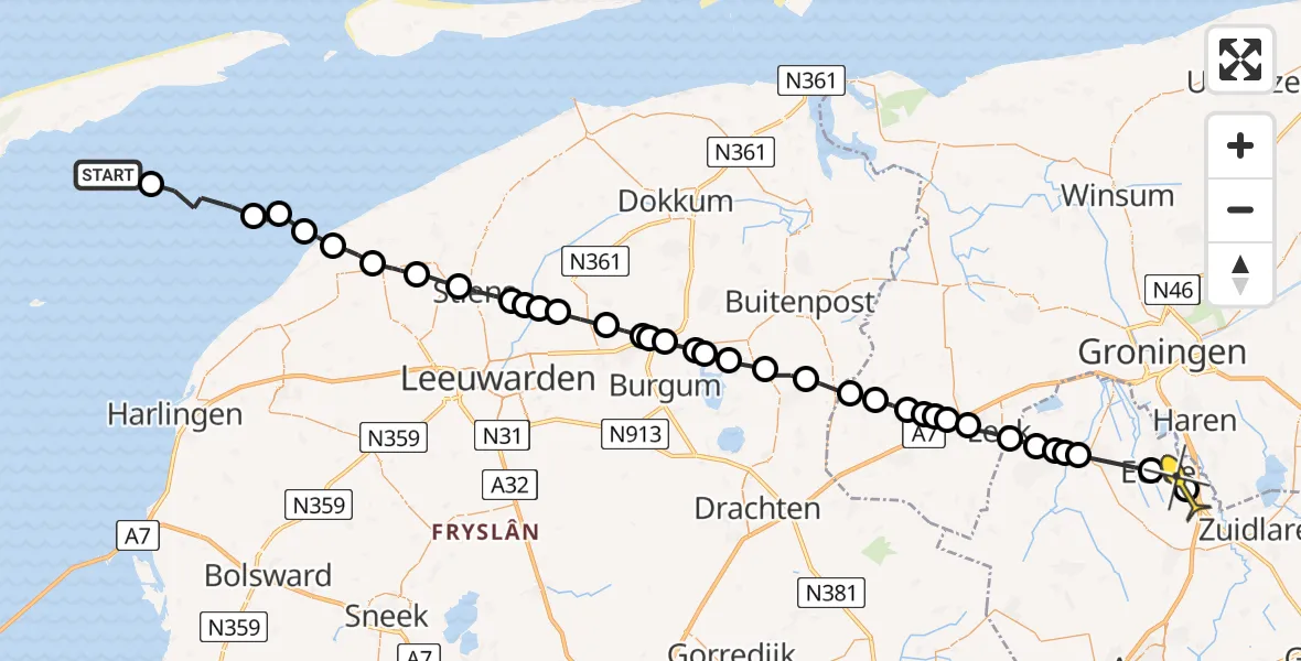 Routekaart van de vlucht: Ambulanceheli naar Groningen Airport Eelde, Noorder Balgen