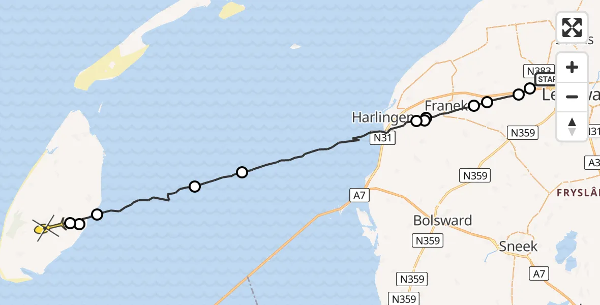 Routekaart van de vlucht: Ambulancehelikopter naar Den Burg, Rypsterdyk