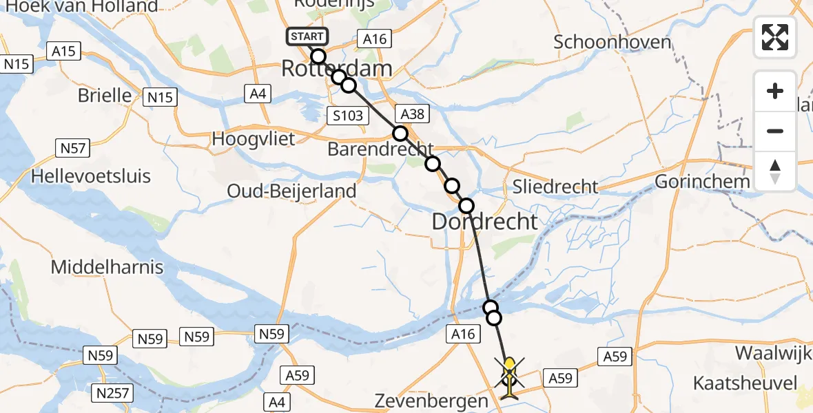 Routekaart van de vlucht: Lifeliner 2 naar Zevenbergschen Hoek, Van der Duijn van Maasdamweg