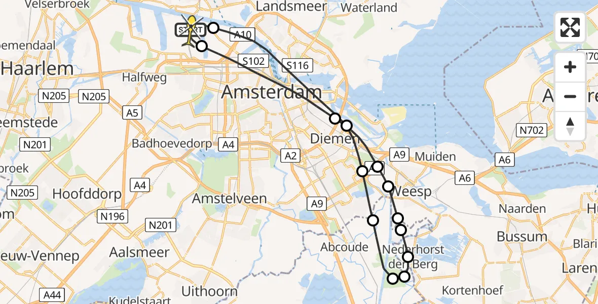 Routekaart van de vlucht: Lifeliner 1 naar Amsterdam Heliport, Westhavenweg