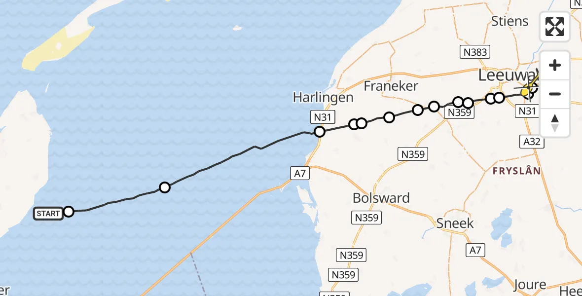 Routekaart van de vlucht: Ambulanceheli naar Leeuwarden, Burgzand