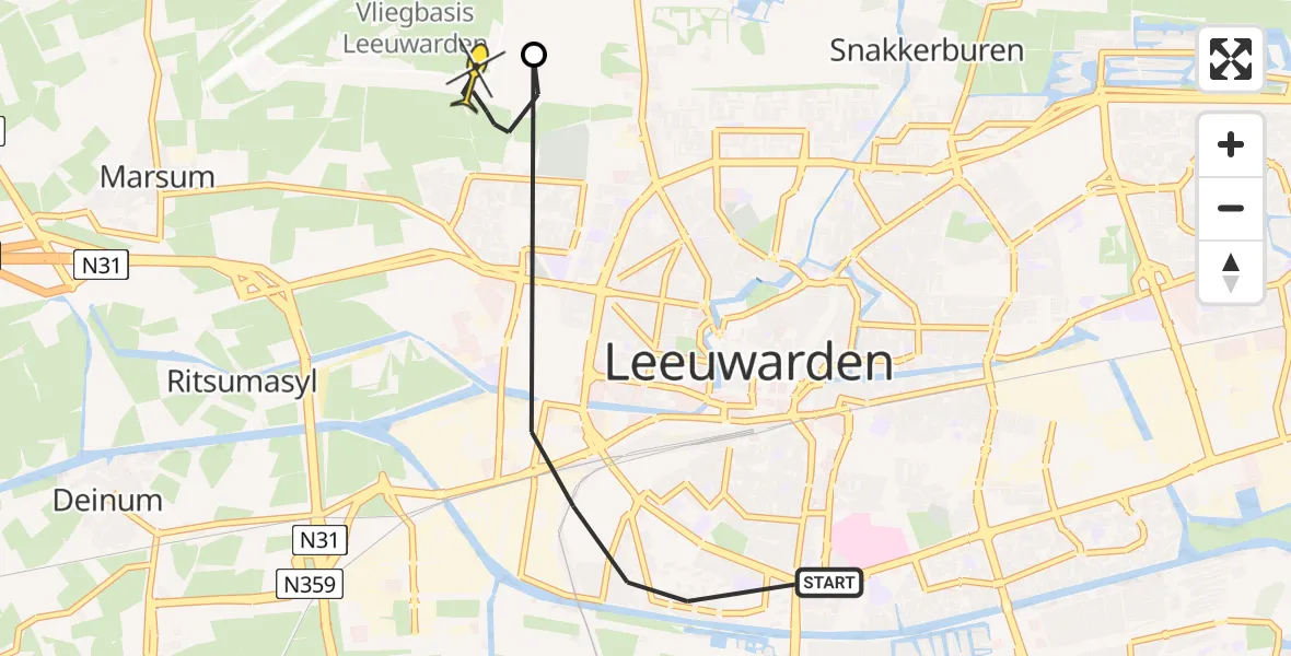 Routekaart van de vlucht: Ambulanceheli naar Vliegbasis Leeuwarden, Nijlânsdyk