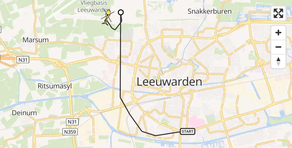 Vluchtroute Ambulancehelikopter van Leeuwarden naar Vliegbasis Leeuwarden