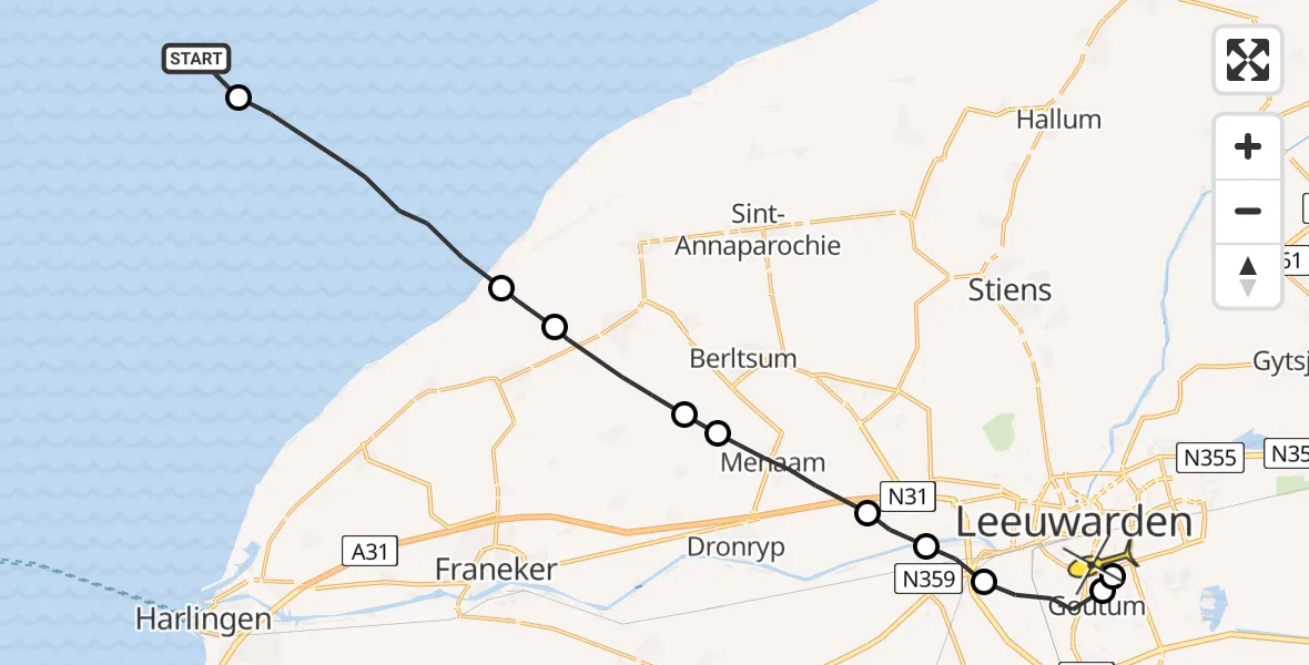 Routekaart van de vlucht: Ambulanceheli naar Leeuwarden, Oost Meep