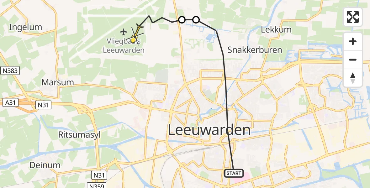Vluchtroute Ambulancehelikopter van Leeuwarden naar Vliegbasis Leeuwarden