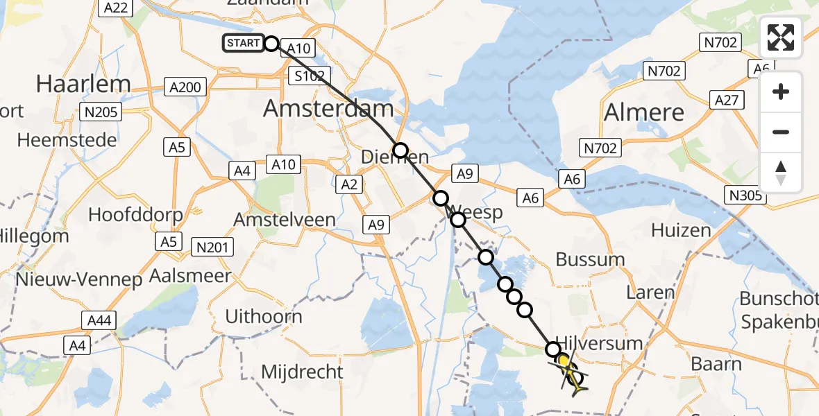 Routekaart van de vlucht: Lifeliner 1 naar Vliegveld Hilversum, Grote Tocht