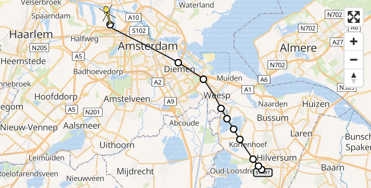 Routekaart van de vlucht: Lifeliner 1 naar Amsterdam Heliport, Rading