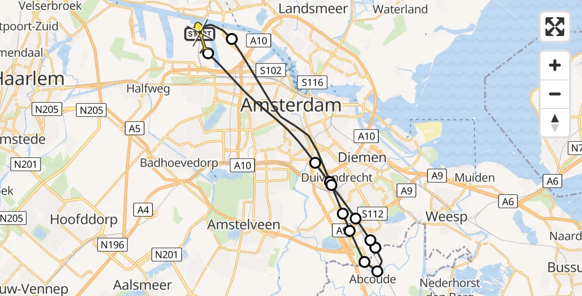 Routekaart van de vlucht: Lifeliner 1 naar Amsterdam Heliport, Belangenvereniging tuinders Zaanderhorn