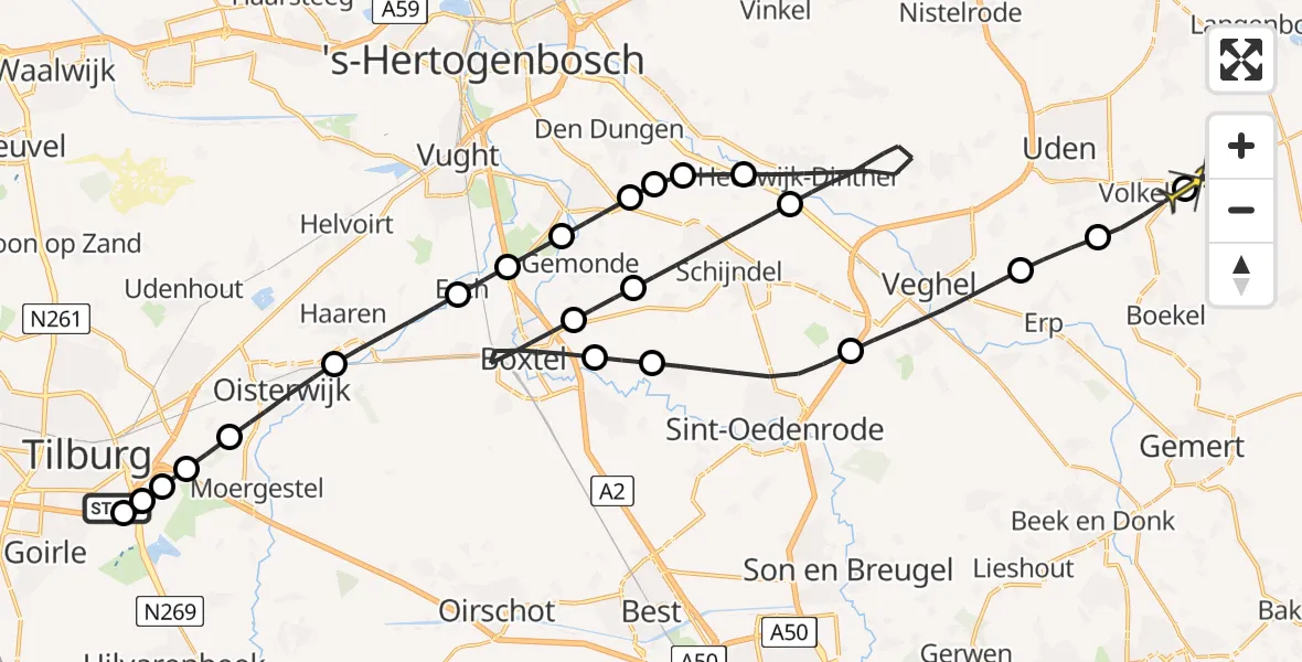 Routekaart van de vlucht: Lifeliner 3 naar Vliegbasis Volkel, Hilvarenbeekseweg