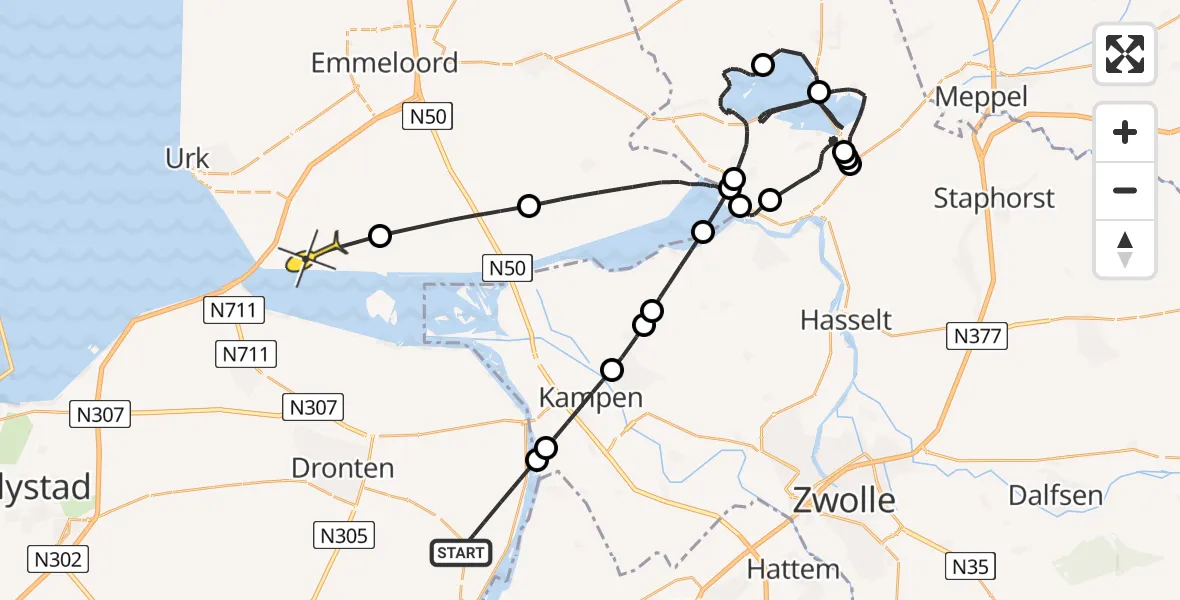 Routekaart van de vlucht: Politieheli naar Nagele, Abbertweg