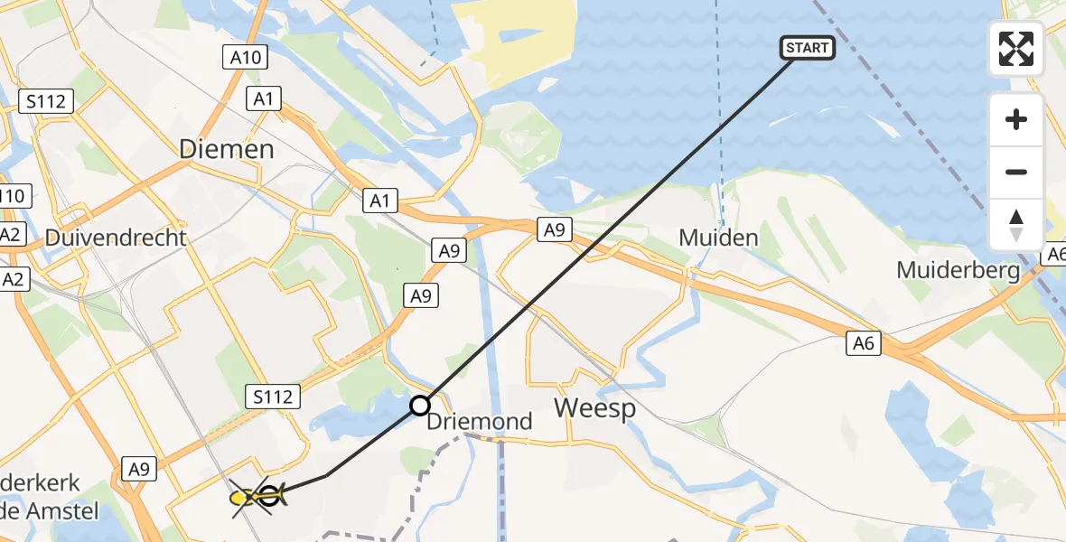 Routekaart van de vlucht: Politiehelikopter naar Academisch Medisch Centrum (AMC), Muiden