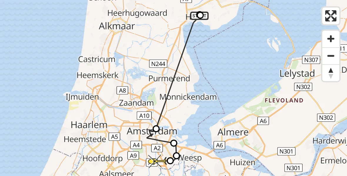 Routekaart van de vlucht: Politieheli naar Ouderkerk aan de Amstel, Rijnweg