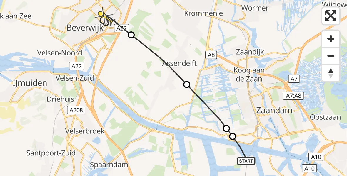 Routekaart van de vlucht: Lifeliner 1 naar Heemskerk, De Delft