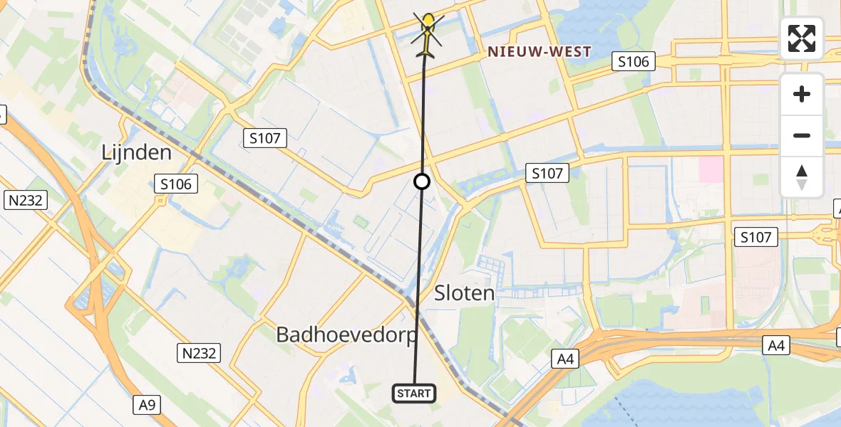Routekaart van de vlucht: Politiehelikopter naar Amsterdam, Zuiderakerweg