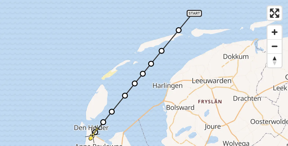 Routekaart van de vlucht: Kustwachthelikopter naar Vliegveld De Kooy, Doggersvaart