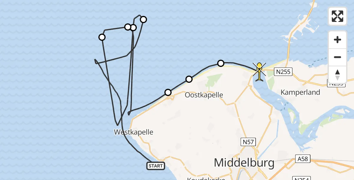 Routekaart van de vlucht: Kustwachthelikopter naar Vrouwenpolder, De Drichten