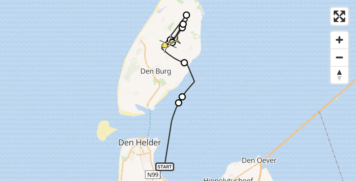 Routekaart van de vlucht: Politieheli naar De Cocksdorp, Gat van de Stier