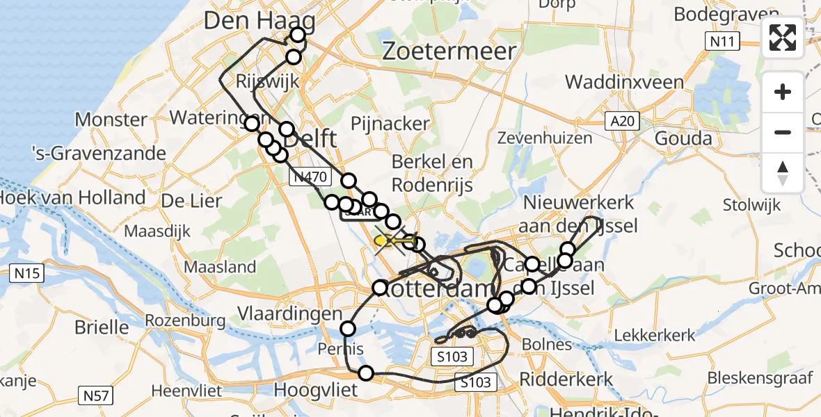 Routekaart van de vlucht: Politieheli naar Rotterdam The Hague Airport, Hoenderhof