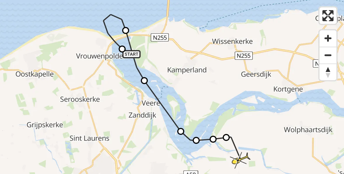 Routekaart van de vlucht: Kustwachthelikopter naar 's-Heer Arendskerke, Oost-westweg