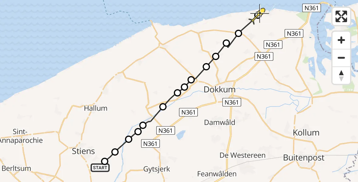 Routekaart van de vlucht: Ambulanceheli naar Moddergat, Swynserreed