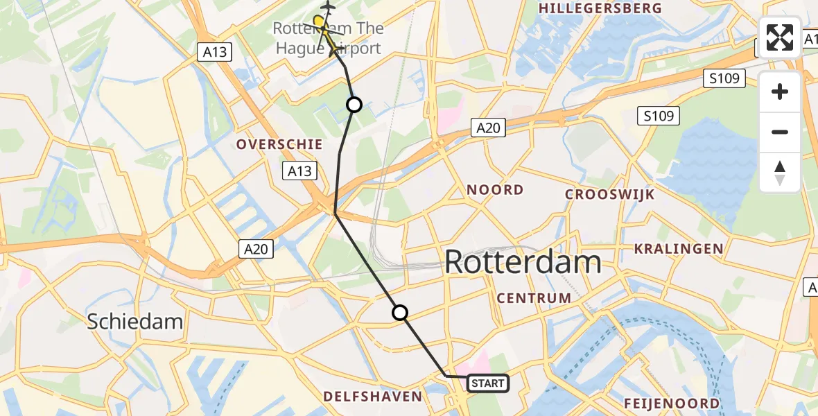 Routekaart van de vlucht: Lifeliner 2 naar Rotterdam The Hague Airport, Adrien Mildersstraat