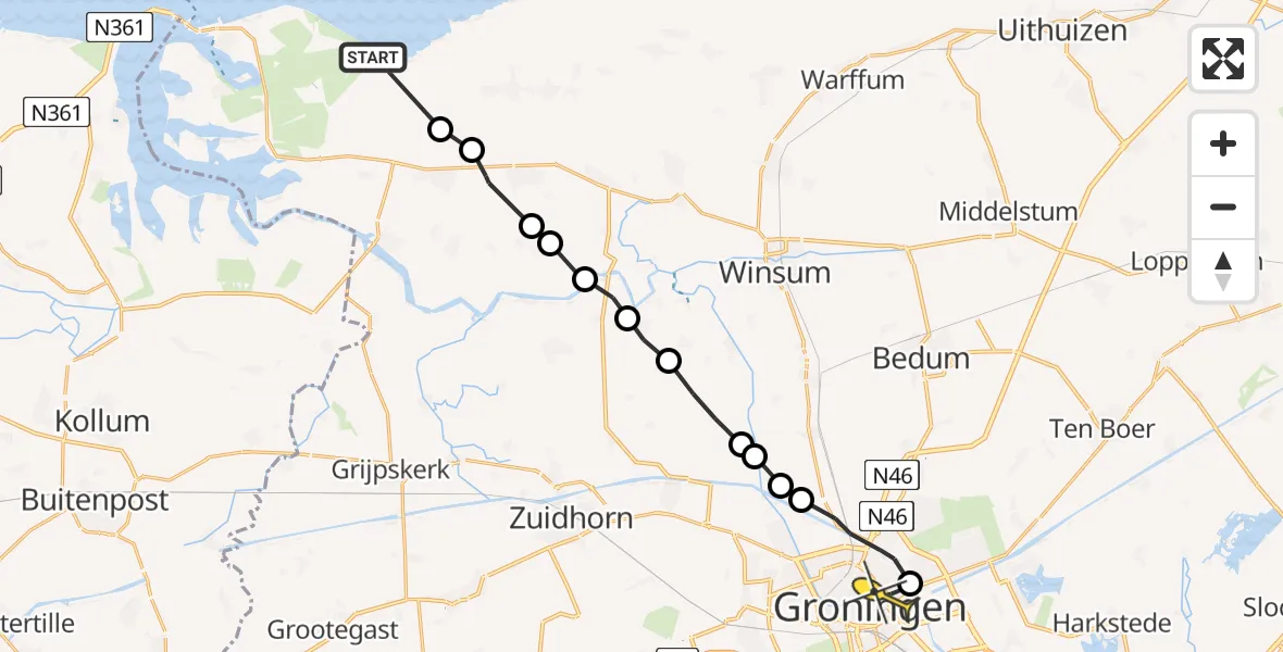 Routekaart van de vlucht: Ambulancehelikopter naar Universitair Medisch Centrum Groningen, Ommelanderweg
