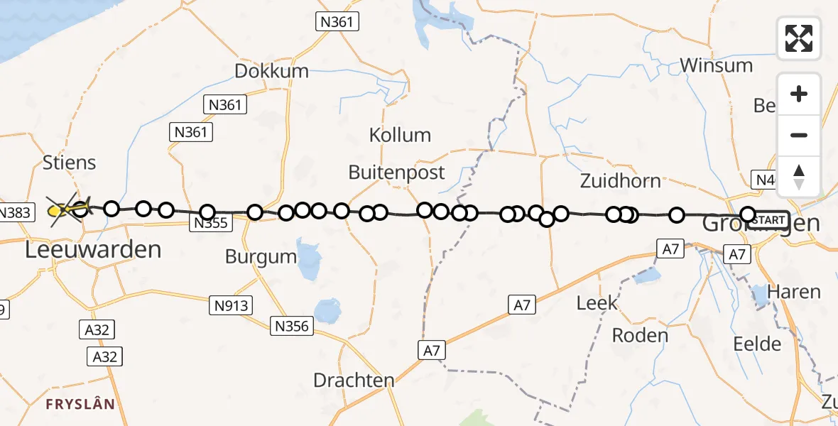 Vluchtroute Ambulancehelikopter van Universitair Medisch Centrum Groningen naar Vliegbasis Leeuwarden