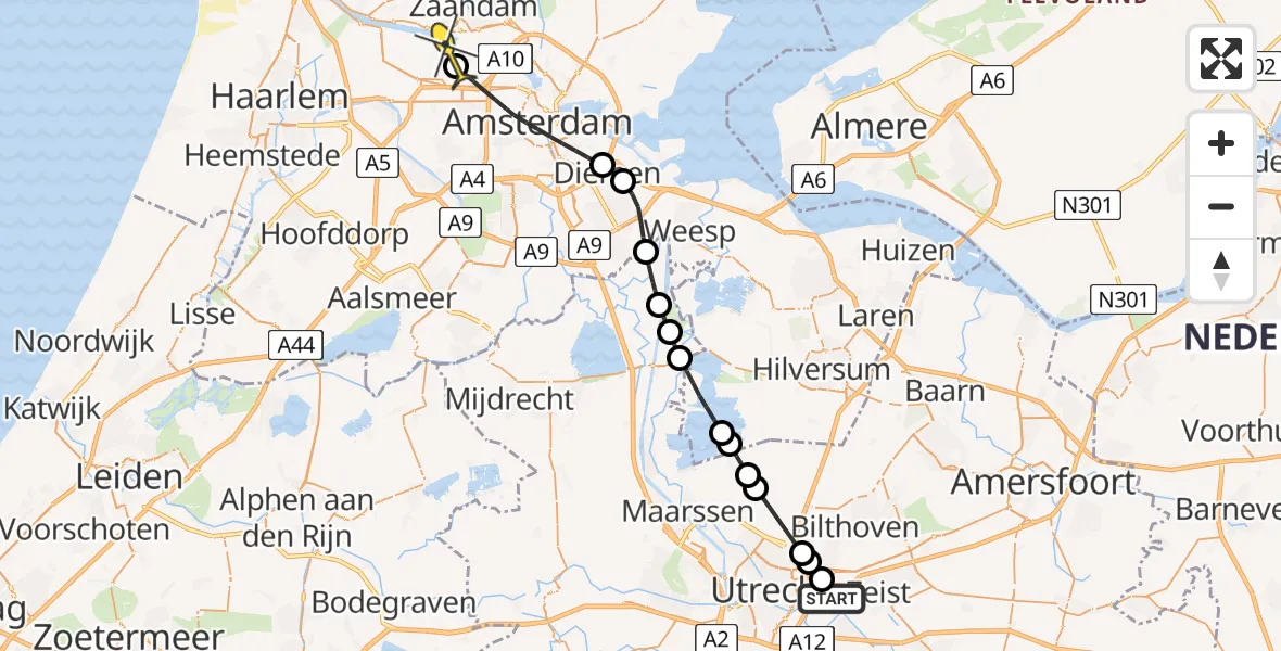 Routekaart van de vlucht: Lifeliner 1 naar Amsterdam Heliport, Lindeneiland