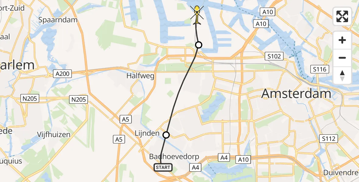 Routekaart van de vlucht: Lifeliner 1 naar Amsterdam Heliport, Azaleastraat