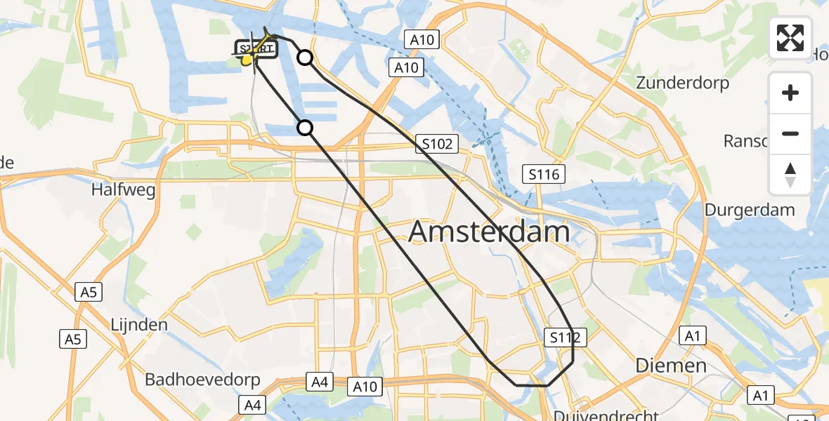 Routekaart van de vlucht: Lifeliner 1 naar Amsterdam Heliport, Corsicaweg