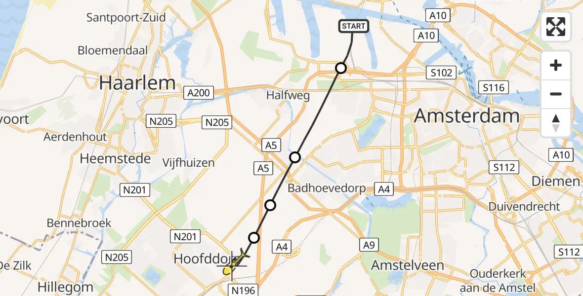 Routekaart van de vlucht: Lifeliner 1 naar Hoofddorp, Nieuw-Zeelandweg