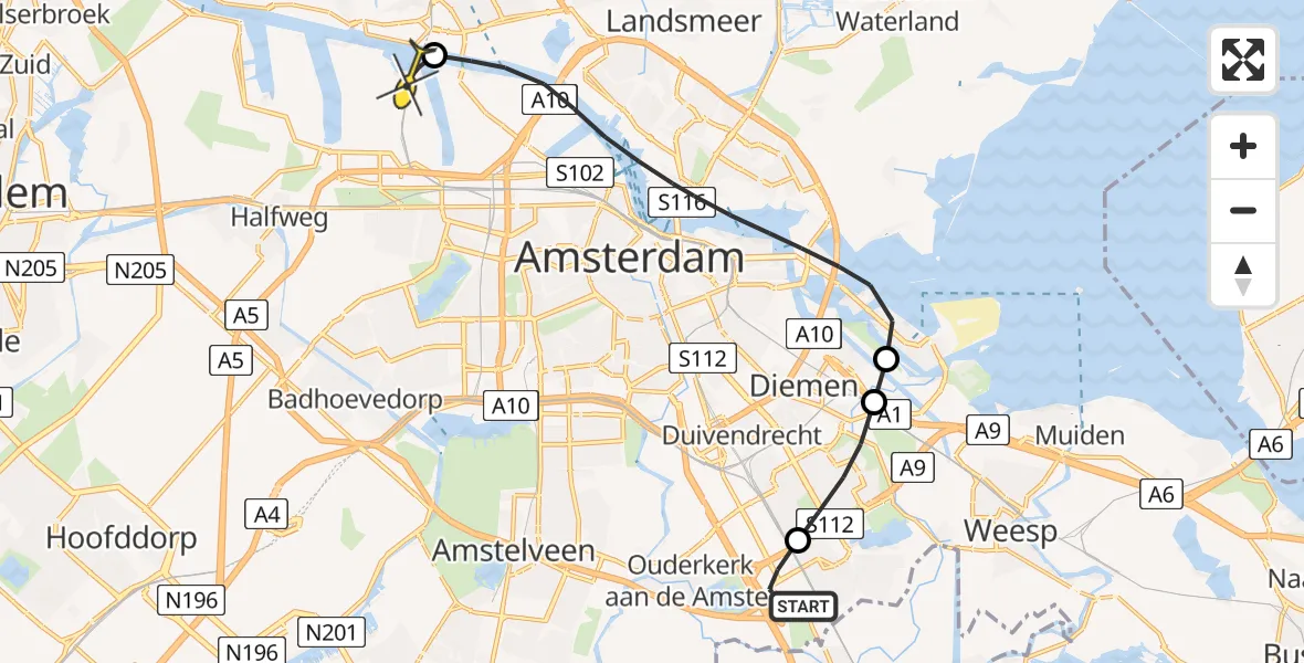 Routekaart van de vlucht: Lifeliner 1 naar Amsterdam Heliport, Tafelbergweg