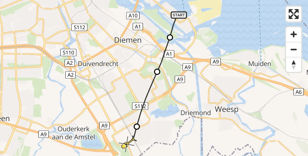 Routekaart van de vlucht: Lifeliner 1 naar Academisch Medisch Centrum (AMC), Kanaaldijk